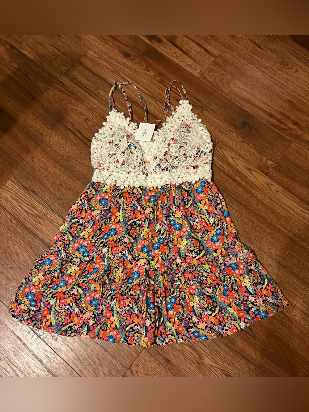 White Birch Floral Crochet-Bodice Romper in White & Multicolor